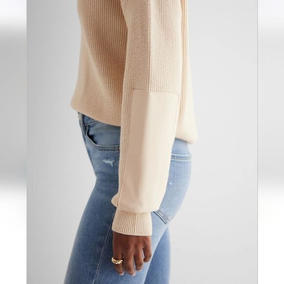 Express Ivory Relaxed Crew Neck Sweater Faux Leather Patch Sleeve Size XL - Picture 3 of 7